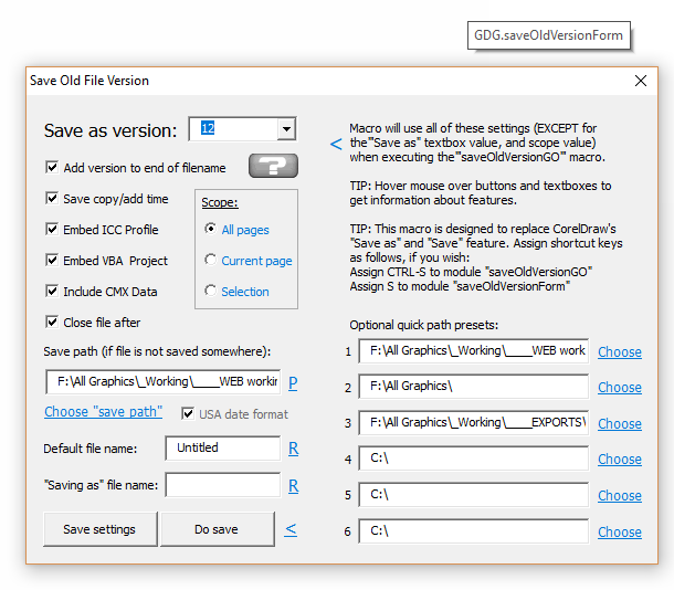 save old file version coreldraw macro 2020